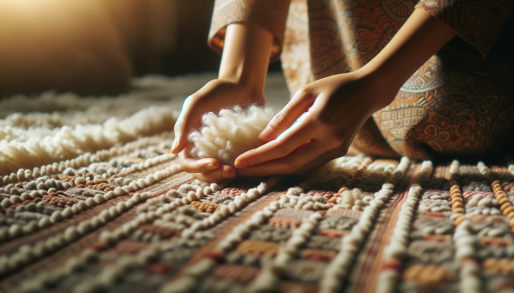 Närbild på expertinspektion av ullfibrerna i en högkvalitativ ryamatta