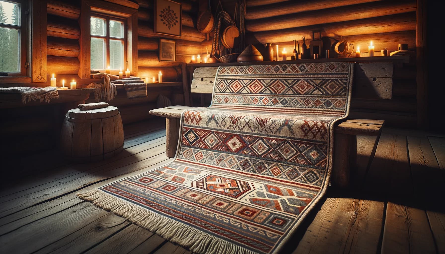 Traditionell handvävd svensk rya med folkkonst-mönster i rött, blått och krämvitt i en rustik stuga