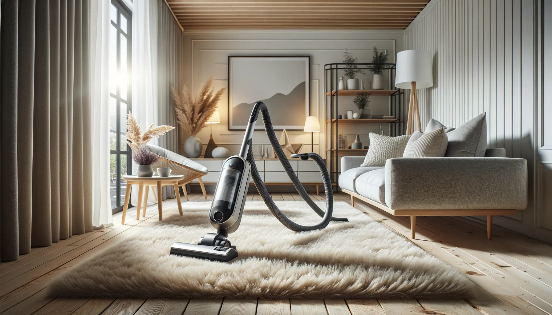 Dammsugning av en beige ryamatta i vardagsrummet – regelbunden skötsel håller mattan fräsch